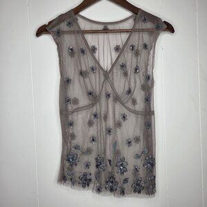Dins 4 You Womens Y2K Sheer Beaded Sequin Blouse Whimsical Fairy Grunge Boho